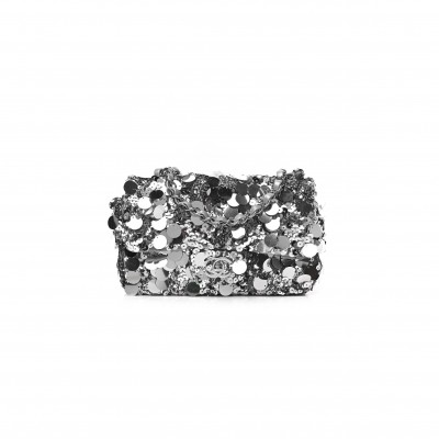 CHANEL SEQUIN MINI RECTANGULAR FLAP SILVER  (20*13*6cm) 